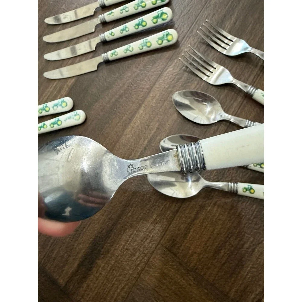 Vintage Gibson John Deere Kids Flatware 13 Pc Set Tractor Stainless Spoons Forks